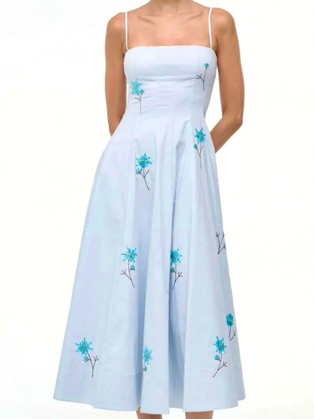 πΊπHPππΊ NWT Staud Wylie Embroidered Midi Dress Dandelion Sky - Picture 2 of 16